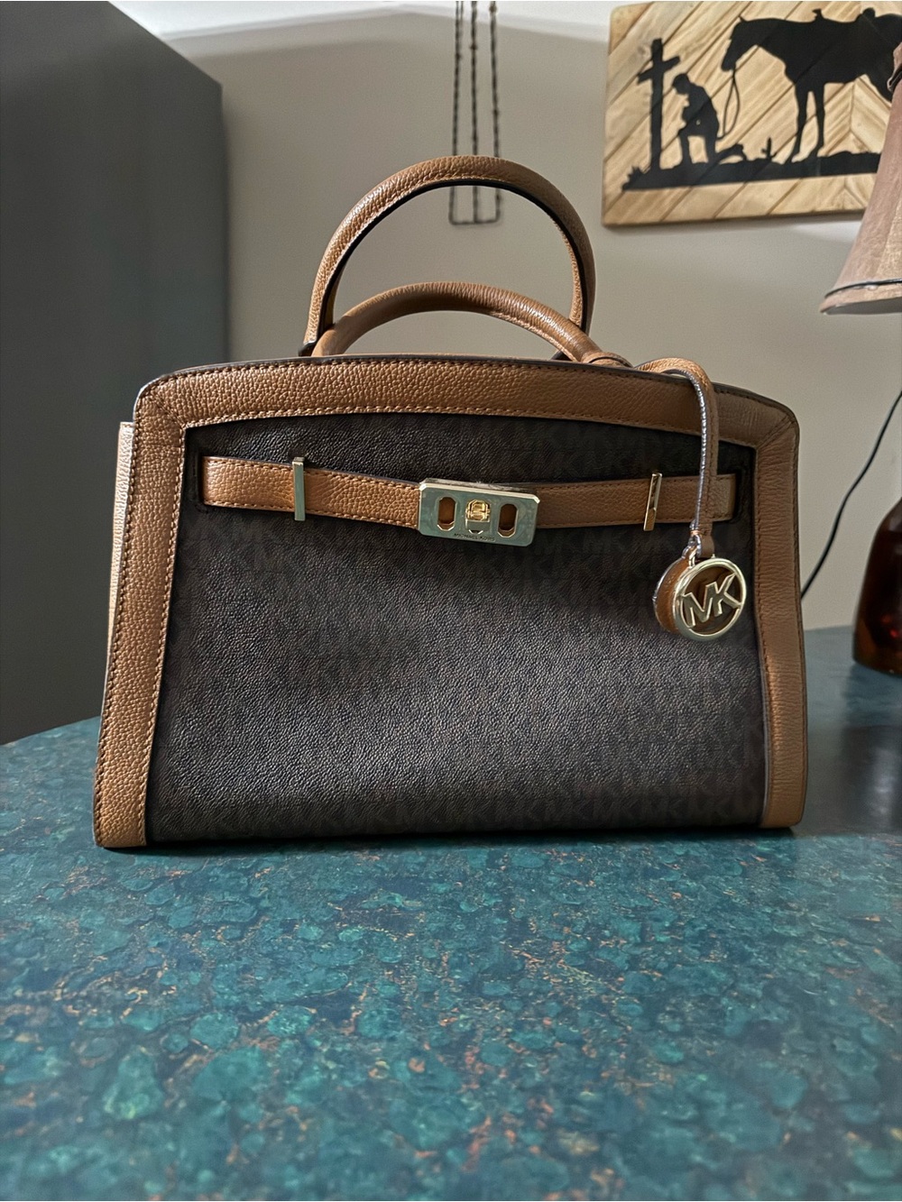 Michael Kors Brown and Tan Logo Satchel with Gold Charm